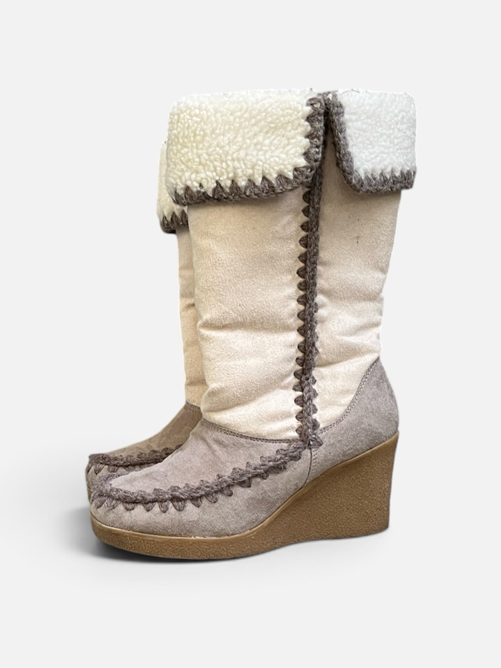 American Eagle Crochet Mid Calf Wedge Boots in Cream & Gray Size 7 1/2
